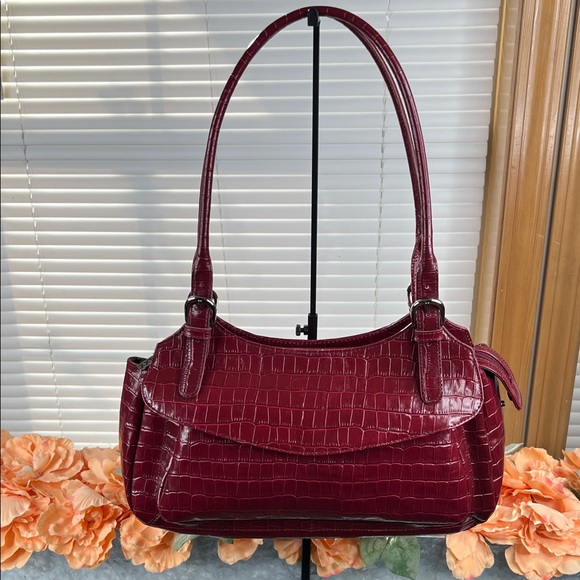 Maxx New York Burgundy Croc-embossed Leather Shoulder Bag - Picture 1 of 13